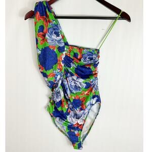 Zara Womens One Shoulder Bodysuit Floral Green Blue Small